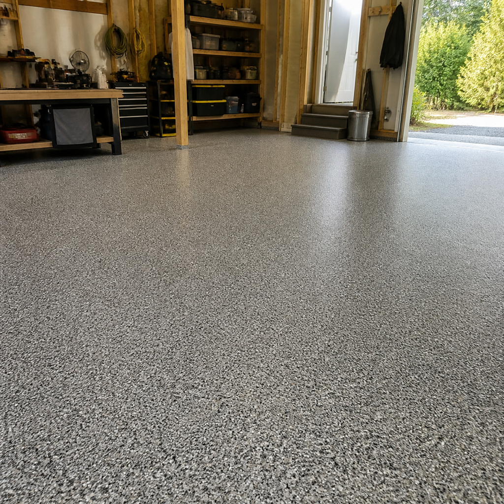 Completed gray flake epoxy floor in a working garage